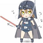  adapted_costume blush breath brown_hair cape chaudlapin chibi darth_vader energy_sword gloves goggles lightsaber lowres one-piece_swimsuit school_swimsuit snorkel solo star_wars swimsuit swimsuit_costume sword weapon yellow_eyes 