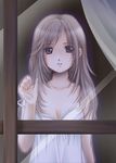  brown_hair chemise from_outside hand_on_window hiyori long_hair looking_out_window original solo strap_slip window 