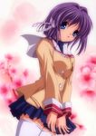  absurdres artist_request blue_eyes clannad cover cover_page fujibayashi_ryou highres hikarizaka_private_high_school_uniform purple_hair scan school_uniform short_hair solo thighhighs 