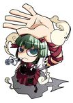  :&lt; bow dress drugs foreshortening front_ponytail green_eyes green_hair hair_bow hands kagiyama_hina kannazuki_hato long_hair looking_up ringed_eyes shadow simple_background smoke solo spiral syringe touhou 