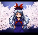  arms_behind_back blue_dress blush breasts cherry_blossoms dress hat kamishirasawa_keine laboto large_breasts long_hair looking_at_viewer plant puffy_short_sleeves puffy_sleeves red_eyes short_sleeves silver_hair solo tate_eboshi touhou tree 