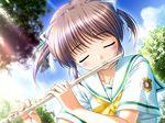  asagiri_mai bekkankou blush brown_hair closed_eyes day flute game_cg hair_ribbon instrument nature outdoors ribbon school_uniform short_hair short_twintails solo twintails yoake_mae_yori_ruri_iro_na 