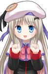  :3 blue_eyes bow buttons cape hat large_buttons little_busters! long_hair nagian noumi_kudryavka pink_bow silver_hair solo 