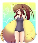  black_school_swimsuit blush brown_hair little_busters! long_hair masayu natsume_rin one-piece_swimsuit ponytail red_eyes school_swimsuit solo stuffed_animal stuffed_toy swimsuit 