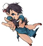  bracelet bun_cover china_dress chinese_clothes chun-li double_bun dress face foreshortening hands jewelry lowres no_legwear oomori_harusame pelvic_curtain solo spiked_bracelet spikes street_fighter 