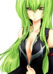  bangs breasts c.c. cleavage code_geass g-ist green_hair long_hair small_breasts solo unzipping yellow_eyes 