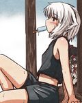  animal_ears arm_support camera casual flat_chest food inubashiri_momiji midriff multiple_girls negija paparazzi peeking popsicle red_eyes shameimaru_aya short_hair shorts sitting sweat touhou white_hair wolf_ears 