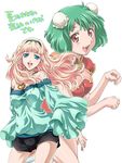  :d bangs bare_shoulders blonde_hair blue_eyes blush bun_cover china_dress chinese_clothes covered_nipples double_bun dress earrings fang flat_chest green_hair hair_ribbon hairband heart impossible_clothes impossible_shirt iyou jewelry leg_lift long_hair looking_at_viewer macross macross_frontier mizuno_poppo multiple_girls nail_polish necklace no_bra off_shoulder open_mouth orange_eyes paw_pose pendant pink_nails ranka_lee ribbon sheryl_nome shirt shoes short_dress short_hair short_shorts shorts simple_background single_earring smile socks sparkle standing standing_on_one_leg taut_clothes taut_shirt thighs translation_request turtleneck waitress white_legwear wide_sleeves 