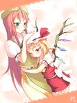  bad_id bad_pixiv_id blonde_hair blush china_dress chinese_clothes dress flandre_scarlet hand_on_another's_head hat highres hong_meiling hug long_hair multiple_girls one_eye_closed red_hair ribbon short_hair touhou uruu_gekka wings 