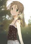  arm_at_side bad_id bad_pixiv_id bare_arms bare_shoulders blurry brown_hair camisole casual depth_of_field face flat_chest from_side green_eyes long_hair looking_at_viewer maka_albarn nature niwa parted_lips polka_dot smile solo soul_eater spaghetti_strap twintails upper_body 