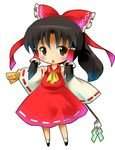  :o ascot bare_shoulders blush brown_eyes brown_hair chibi detached_sleeves dress dual_wielding gohei hakurei_reimu holding long_sleeves looking_at_viewer michii_yuuki ofuda outstretched_arms parted_lips red_dress sidelocks solo tareme touhou 