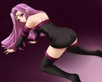  all_fours ass back bare_shoulders collar detached_sleeves dress fate/stay_night fate_(series) hayami_kyuuen long_hair purple_eyes purple_hair rider solo strapless strapless_dress thighhighs zettai_ryouiki 