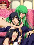  3girls bangs black_hair blush c.c. circlet code_geass envy green_hair hug kallen_stadtfeld ldl lelouch_lamperouge long_hair multiple_girls smile sumeragi_kaguya 