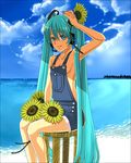  aqua_hair armpits bad_id bad_pixiv_id breasts flower hatsune_miku jirou_(slept) long_hair naked_overalls overalls sideboob small_breasts solo sunflower twintails very_long_hair vocaloid 