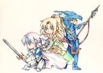  2boys armor beige_background blonde_hair blue_eyes bodysuit cain_highwind cecil_harvey final_fantasy final_fantasy_iv full_armor full_body headband helmet holding holding_sword holding_weapon kimina lance long_hair multiple_boys polearm rosa_farrell silver_hair simple_background standing sword traditional_media very_long_hair weapon 