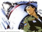  :o artist_request black_hair emblem hoshino_hachirouta long_sleeves machinery male_focus military military_uniform parody planetes rocket solo uniform upper_body wallpaper 