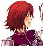  artist_request blush breastplate lowres red_eyes red_hair sengoku_musou sengoku_musou_2 short_hair shoulder_pads simple_background smile solo tachibana_ginchiyo upper_body white_background 