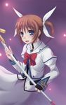  blue_eyes bow bowtie brown_hair cowboy_shot fingerless_gloves gloves holding holding_weapon kazakura long_sleeves looking_at_viewer lyrical_nanoha magical_girl mahou_shoujo_lyrical_nanoha raising_heart red_bow red_neckwear rod sidelocks single_glove solo staff takamachi_nanoha twintails uniform weapon 