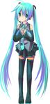  blue_hair detached_sleeves green_eyes green_hair hatsune_miku long_hair microphone necktie purdoy25 skirt solo thighhighs twintails vocaloid zettai_ryouiki 