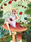  barefoot blonde_hair blue_eyes clover copyright_request dress flower food four-leaf_clover frog fruit glasses kaisanbutsu long_hair minigirl mushroom nature solo strawberry strawberry_blossoms 