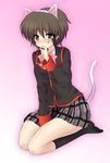  animal_ears bad_id bad_pixiv_id blush bob_cut bow brown_hair cat_ears cat_tail crossdressing kneeling little_busters! male_focus masayu naoe_riki otoko_no_ko pink_bow school_uniform short_hair solo tail 