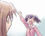  alternate_hairstyle azumanga_daiou bad_id bad_pixiv_id brown_hair closed_eyes glasses lowres mizuhara_koyomi multiple_girls school_uniform shiwashiwa_no_kinchakubukuru short_hair smile takino_tomo twintails waving 