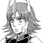  artist_request blush closed_mouth frown greyscale headpiece lips lowres monochrome sengoku_musou sengoku_musou_2 short_hair shoulder_pads simple_background solo tachibana_ginchiyo upper_body white_background 