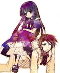  1girl all_fours black_eyes dress formal frederica_bernkastel human_chair human_furniture long_hair purple_hair red_hair sitting sitting_on_person sketch suit suzushiro_kurumi umineko_no_naku_koro_ni ushiromiya_battler 