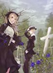  1girl blonde_hair copyright_request cross day flower formal graveyard hat kuroyuki purple_flower purple_rose rose sky tree 