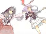  animal_ears black_hair bunny_ears grabbing houraisan_kaguya long_hair long_sleeves looking_at_viewer multiple_girls pleated_skirt purple_eyes raian red_eyes red_skirt reisen_udongein_inaba simple_background skirt touhou traditional_media very_long_hair white_background white_skirt 