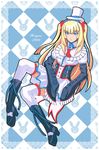  bangs blonde_hair blue_eyes blunt_bangs boots bunny checkered checkered_background corset dress hat kaizeru lolita_fashion long_hair long_sleeves mini_hat mini_top_hat original ribbon skirt solo thighhighs top_hat twintails 