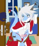  anthro balls bed bedroom bell belt blue_skin blush buckle christmas clothed clothing dragon dreiki_(character) erection flower green_eyes hi_res holidays horn kuramichan male mammal markings moon penis piercing plant purple_skin ribbons scalie shocked underwear white_skin zen_(character) 