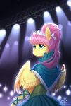 2018 alternate_hairstyle anthro clothed clothing cute dress equine eyelashes feathered_wings feathers female fluttershy_(mlp) friendship_is_magic fully_clothed hair inside ladychimaera looking_back mammal my_little_pony pegasus pink_hair portrait smile solo spotlight teal_eyes wings yellow_feathers 