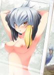  anni_minto armpits arms_behind_head asymmetrical_hair bird blonde_hair blush breasts cleavage collarbone commentary_request day grey_hair hair_between_eyes hair_tie kemono_friends long_hair looking_at_viewer medium_breasts mirror navel nipples nude orange_eyes outdoors reflection shoebill shoebill_(kemono_friends) side_ponytail tree 