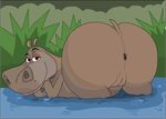  anus arineu big_butt brown_eyes butt dreamworks female gloria grass hippo looking_at_viewer looking_back madagascar mammal plants pussy smile solo water 