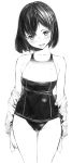  absurdres black_hair blush collarbone cowboy_shot fang gagaimo head_out_of_frame highres jacket looking_at_viewer monochrome open_mouth original school_swimsuit school_uniform short_hair simple_background solo standing swimsuit traditional_media white_background 