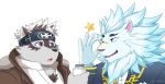  accessory canid canine canis chuurow clothing felid fur headband horkeukamui lion male mammal milk one_eye_closed pantherine snow_(tas) suit tokyo_afterschool_summoners video_games white_body white_fur wink wolf 