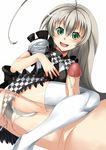  ass bad_id bad_pixiv_id censored checkered checkered_skirt green_eyes haiyore!_nyaruko-san hetero highres kanateko kneepit_sex long_hair nyarlathotep_(nyaruko-san) panties penis school_uniform silver_hair skirt solo_focus thighhighs underwear white_legwear white_panties 