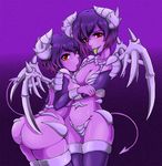  2girls allure allure_(monster_farm) ass bangs blush breasts cleavage demon_girl demon_tail fang fingernails horns huge_ass me_key_cool! monster_farm monster_girl monster_rancher multiple_girls purple_hair purple_skin red_eyes sharp_fingernails tail thighhighs tongue tongue_out wings 