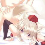  1girl animal_ears ass ass_grab bed blue_eyes blush breast_press breasts doggystyle fingerless_gloves gloves grabbing_another's_ass groping hat hetero highres inubashiri_momiji looking_back medium_breasts nude sex short_hair silve silver_hair tail tokin_hat torso_grab touhou wolf_ears wolf_tail 