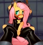  ball_gag bdsm bondage bound clothing doxy equine fluttershy fluttershy_(mlp) friendship_is_magic gag green_eyes hair herm horse intersex long_hair mammal my_little_pony penis pink_hair pony pussy sitting skinsuit solo spreader_bar uncut 