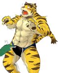  abs anthro biceps big_muscles blush body_markings bulge chinese_dragon disembodied_hand dragon duo eyewear feline fur gay glasses green_dragon male mammal markings morenatsu muscles pecs plain_background poke sunglasses tatsuki tiger torahiko_ooshima underwear unknown_artist white_background 