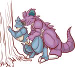  against_tree blue_body breasts claws couple cum cum_in_pussy cum_inside duo female from_behind half-closed_eyes hooves horn male nidoking nidoqueen nintendo nipples nude open_mouth orgasm penetration penis plain_background pok&#233;mon pokemon purple_body purple_penis sex side_view simple_background standing straight torso_grab tree two_toes vaginal vaginal_penetration video_games white_background 