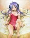  breasts cameltoe hair_ribbon highres hiiragi_kagami lucky_star nipples purple_hair ribbon small_breasts solo swimsuit tafuto traditional_media twintails 