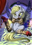  2012 amber_eyes bed blonde_hair clitoris collar derpy_hooves derpy_hooves_(mlp) equine female feral friendship_is_magic fur grey_fur hair looking_at_viewer mammal my_little_pony pegasus presenting pussy shoes siberwar solo teats what_has_science_done wings 
