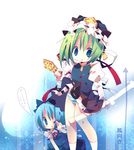  2girls ana_(rznuscrf) blue_eyes blue_hair cirno directional_arrow green_hair hands hat legs multiple_girls no_nose one_eye_closed panties perfect_freeze rod_of_remorse shiki_eiki short_hair socks squatting standing striped striped_panties touhou translated underwear white_legwear wings 