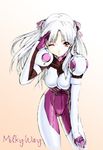  albino artist_request bent_over bodysuit copyright_request leaning_forward non-web_source one_eye_closed purple_bodysuit red_eyes salute solo twintails white_bodysuit white_hair 
