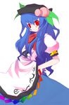  arashiya bad_id bad_pixiv_id blue_hair food fruit hat hinanawi_tenshi long_hair peach red_eyes ribbon solo touhou 