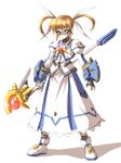  black_gloves fingerless_gloves gloves lyrical_nanoha magical_girl mahou_shoujo_lyrical_nanoha mahou_shoujo_lyrical_nanoha_the_movie_1st nekomamire purple_eyes raising_heart red_hair shadow shoes solo staff standing takamachi_nanoha twintails white_background white_devil white_footwear 