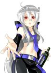  albino alcohol bottle breasts caffein cleavage detached_sleeves long_hair medium_breasts outstretched_hand red_eyes silver_hair solo very_long_hair vocaloid voyakiloid yowane_haku 